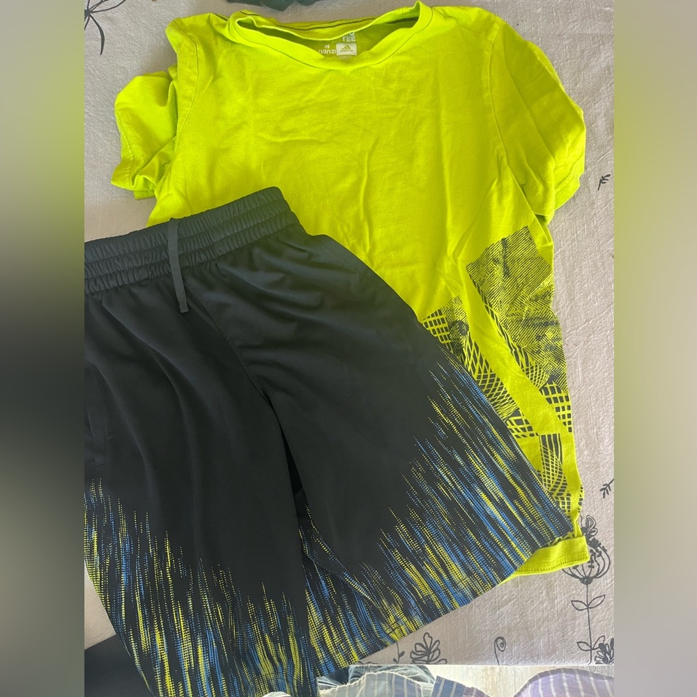 Adidas Neon Yellow Graphic Tee and Black Shorts Set